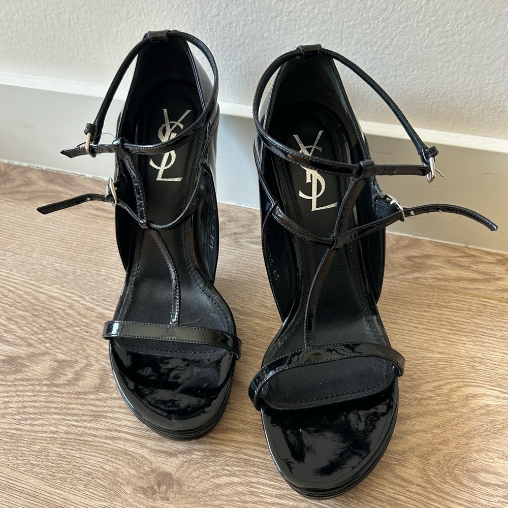 Yves Saint Laurent Glossy Black Strappy Heels